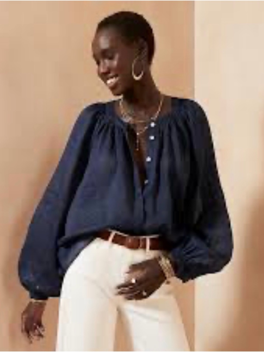 Banana Republic Navy Peasant Blouse - Button Front
